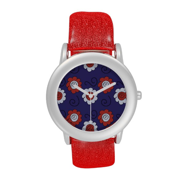 Cute Doodle Red and Blue Decorative Flowers Swirls Watch