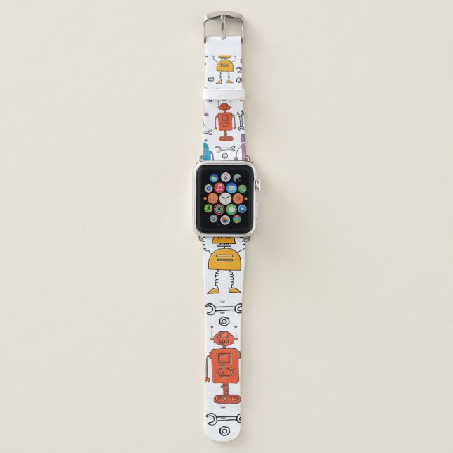 Cute doodle robots. Seamless pattern. Cartoon char Apple Watch Band (Front)