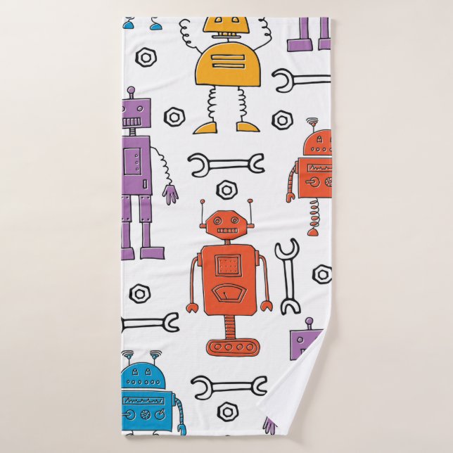 Cute doodle robots. Seamless pattern. Cartoon char Bath Towel (Bath Towel)