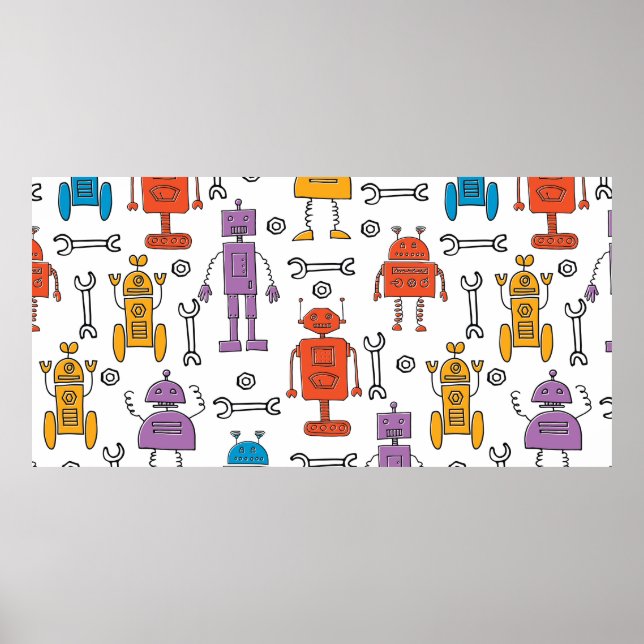 Cute doodle robots. Seamless pattern. Cartoon char Poster (Front)