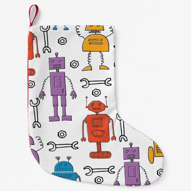 Cute doodle robots. Seamless pattern. Cartoon char Small Christmas Stocking (Front)