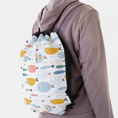 Cute Doodle School of Fish Pattern Drawstring Bag