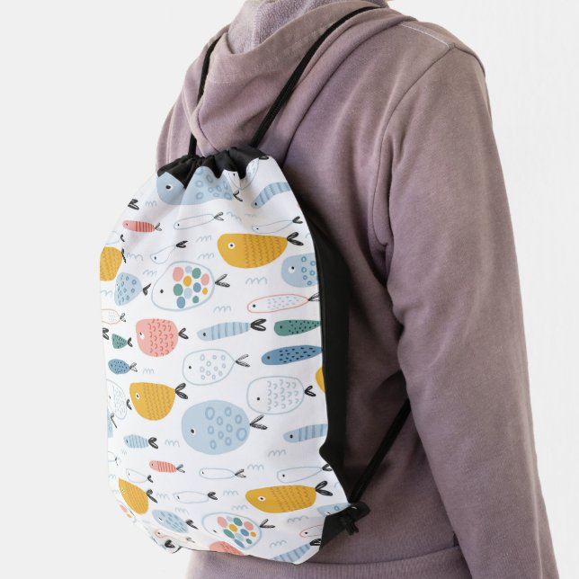 Cute Doodle School of Fish Pattern Drawstring Bag (Insitu)