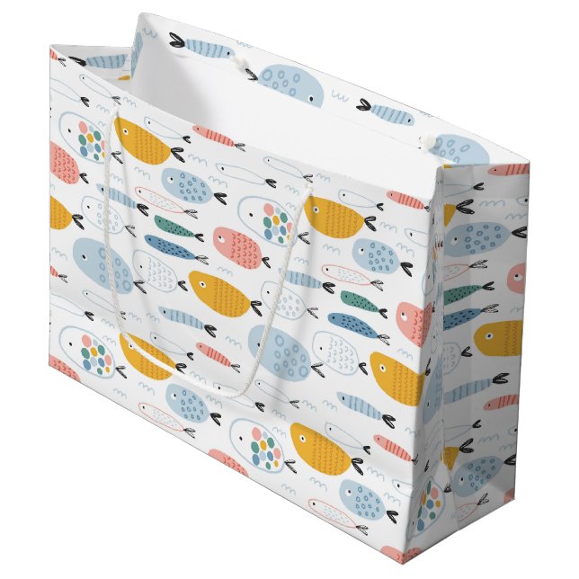 Cute Doodle School of Fish Pattern Large Gift Bag (Front Angled)