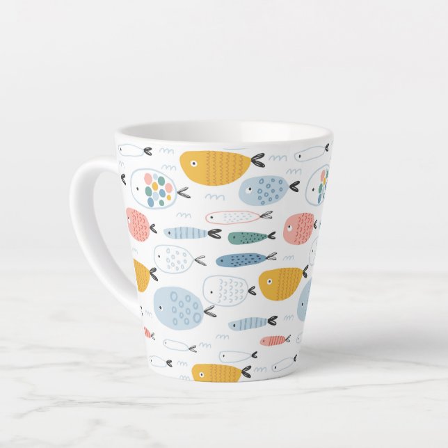 Cute Doodle School of Fish Pattern Latte Mug (Left Angle)