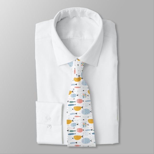 Cute Doodle School of Fish Pattern Neck Tie (Tied)