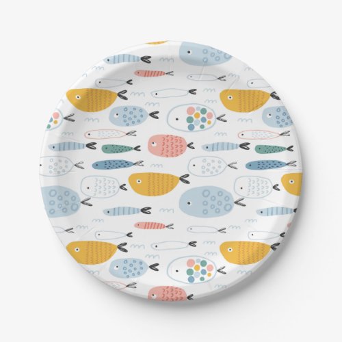 Cute Doodle School of Fish Pattern Paper Plates