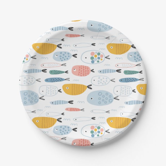 Cute Doodle School of Fish Pattern Paper Plates (Front)