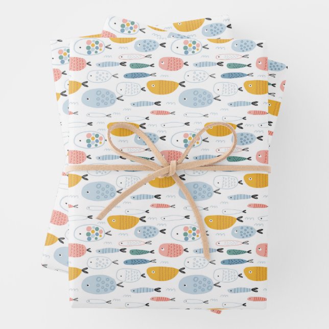 Cute Doodle School of Fish Pattern Wrapping Paper Sheets (In situ)