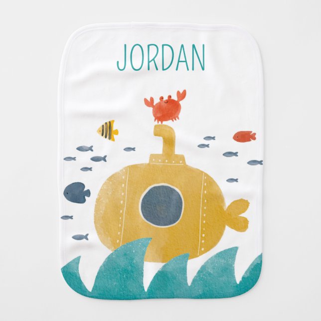 Cute Doodle Submarine | Explore Baby Burp Cloth (Front)