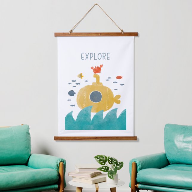 Cute Doodle Submarine | Explore Hanging Tapestry (Living Room)
