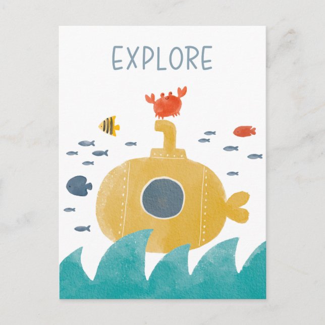Cute Doodle Submarine | Explore Postcard (Front)
