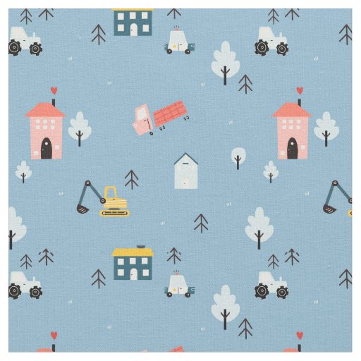 Cute Doodle Town Scene Pattern Fabric