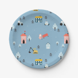 Cute Doodle Town Scene Pattern Paper Plates