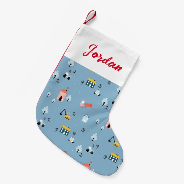 Cute Doodle Town Scene Pattern Small Christmas Stocking (Front (Hanging))