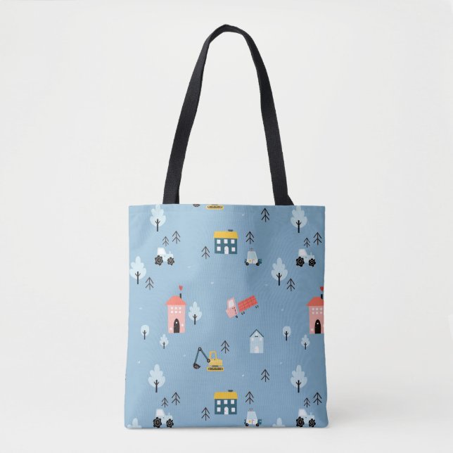 Cute Doodle Town Scene Pattern Tote Bag (Front)