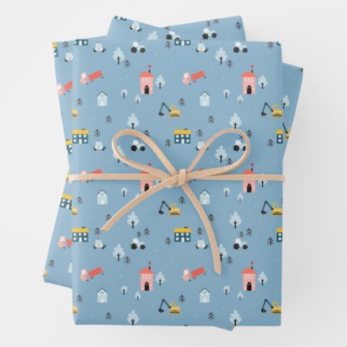 Cute Doodle Town Scene Pattern Wrapping Paper Sheets