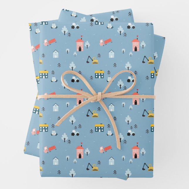 Cute Doodle Town Scene Pattern Wrapping Paper Sheets (In situ)