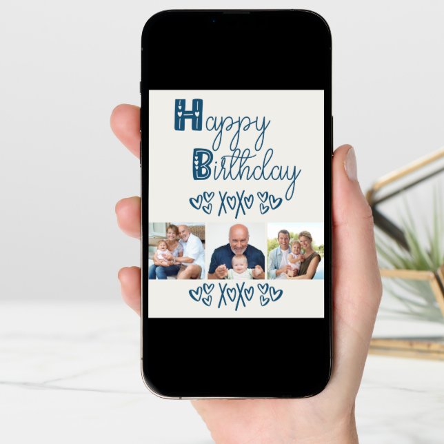 Cute Doodle Typography Blue Grey 3 Photo Birthday Card (Front Digital)