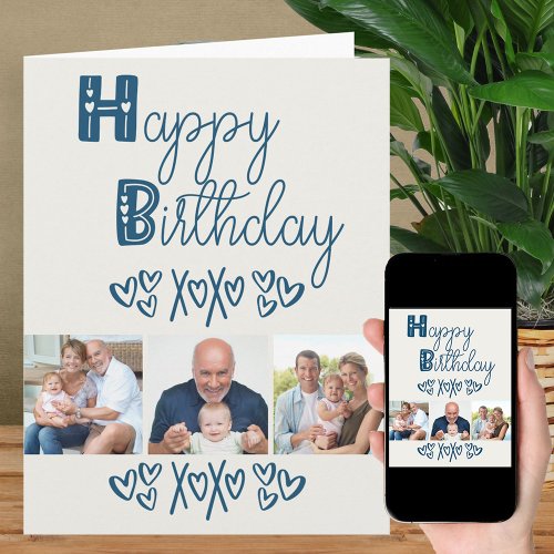 Cute Doodle Typography Blue Grey 3 Photo Birthday Card