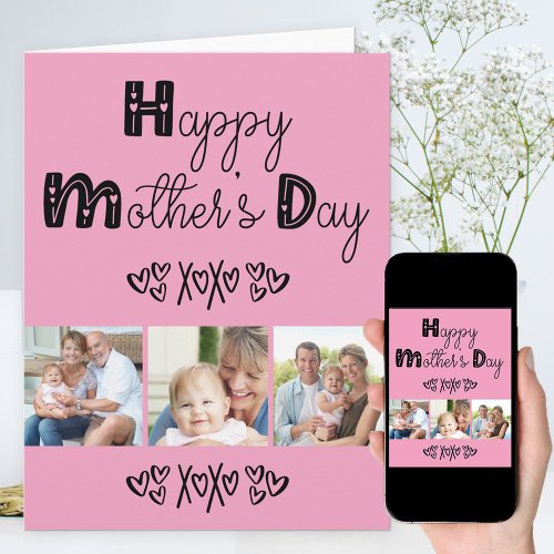 Cute Doodle Typography Pink 3 Photo Mothers Day Card