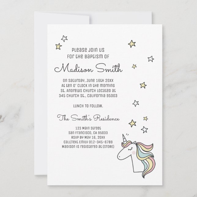 Cute Doodle Unicorn and Stars Baptism Invitation (Front)