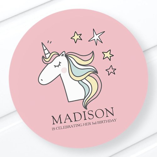 Cute Doodle Unicorn and Stars Birthday Classic Round Sticker