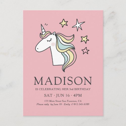 Cute Doodle Unicorn and Stars Birthday Postcard