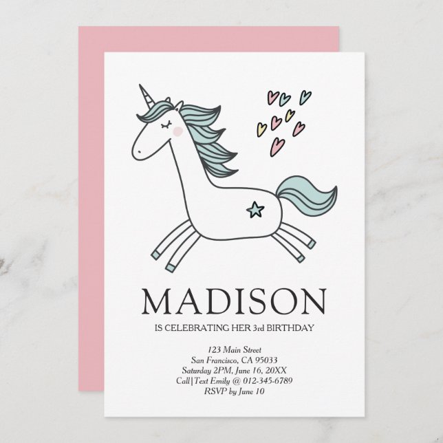 Cute Doodle Unicorn Hearts Birthday Invitation (Front/Back)