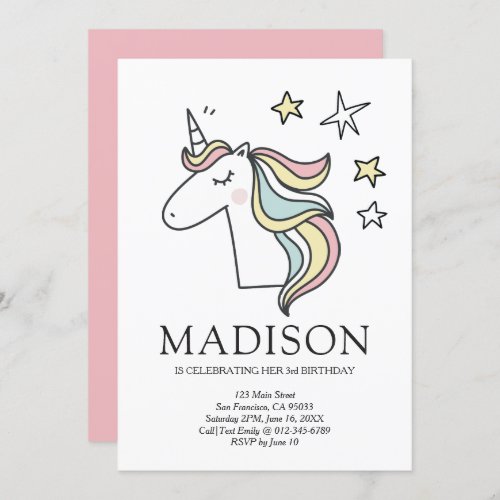 Cute Doodle Unicorn Stars Birthday Invitation