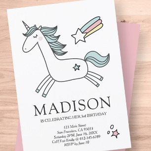 Cute Doodle Unicorn Stars Birthday Invitation