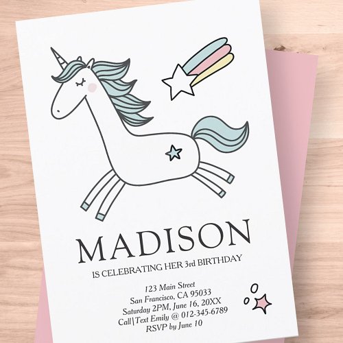 Cute Doodle Unicorn Stars Birthday Invitation