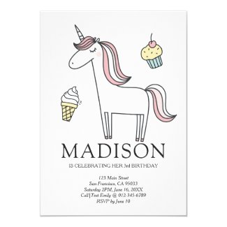 Cute Doodle Unicorn Sweets Birthday Invitation