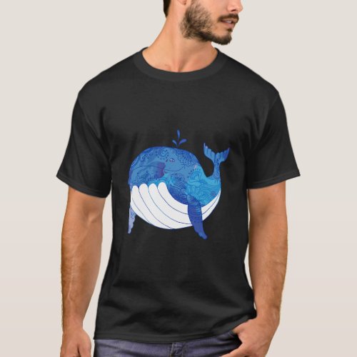 Cute Doodle Whale Floral Motif T_Shirt