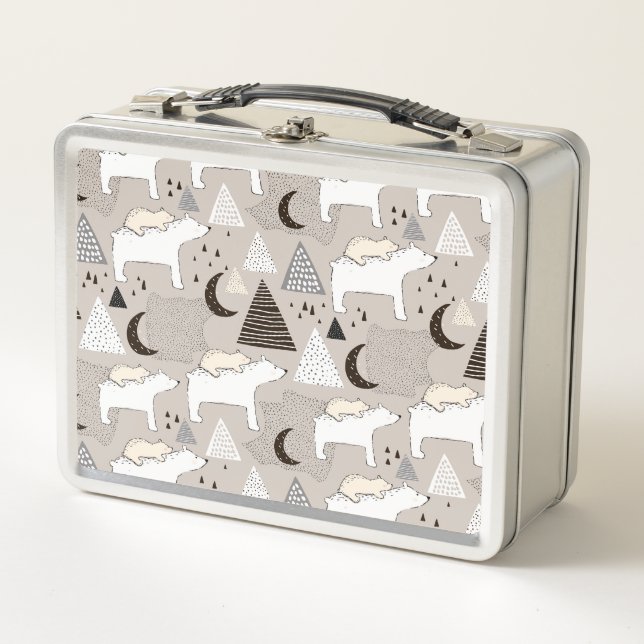 Cute Doodle Woodland Bear Pattern Metal Lunch Box (Front)