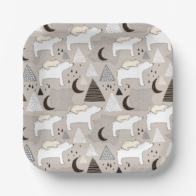 Cute Doodle Woodland Bear Pattern Paper Plates (Front)