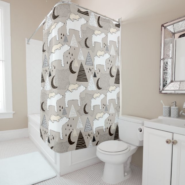 Cute Doodle Woodland Bear Pattern Shower Curtain (In Situ)