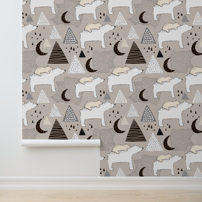 Cute Doodle Woodland Bear Pattern Wallpaper (Application)