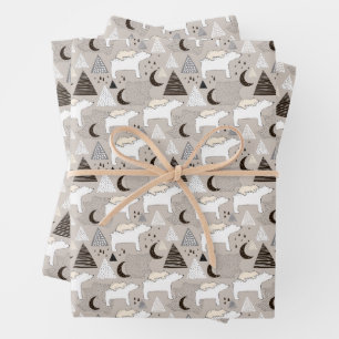 Cute Doodle Woodland Bear Pattern Wrapping Paper Sheets