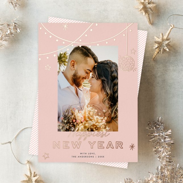 Cute Doodles Happy New Year Photo Blush Rose Gold Foil Holiday Card (Creator Uploaded)