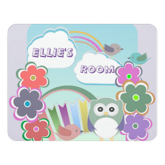 Cute door sign with flowers, birds, owl and clouds