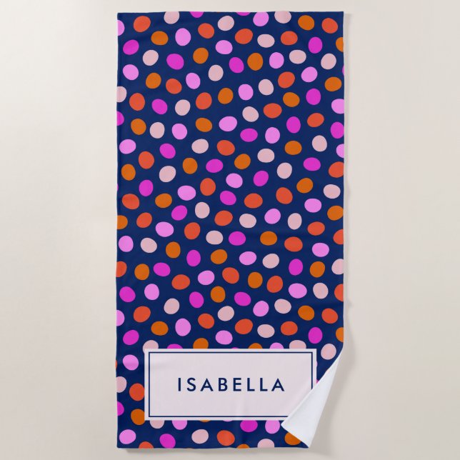 Cute Dots Spots Bright Blue Purple Personalized Beach Towel (Front)