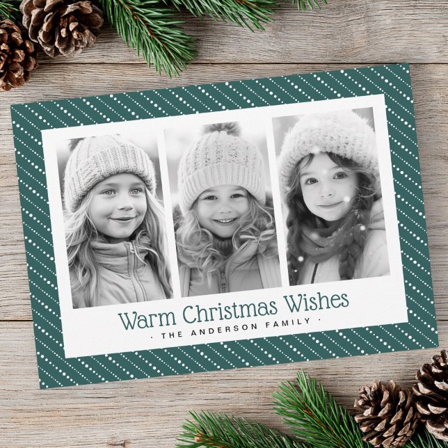 Cute dotted stripes merry Christmas 3 photos green Holiday Card (Cute dotted stripes merry Christmas 3 photos green Holiday Card)