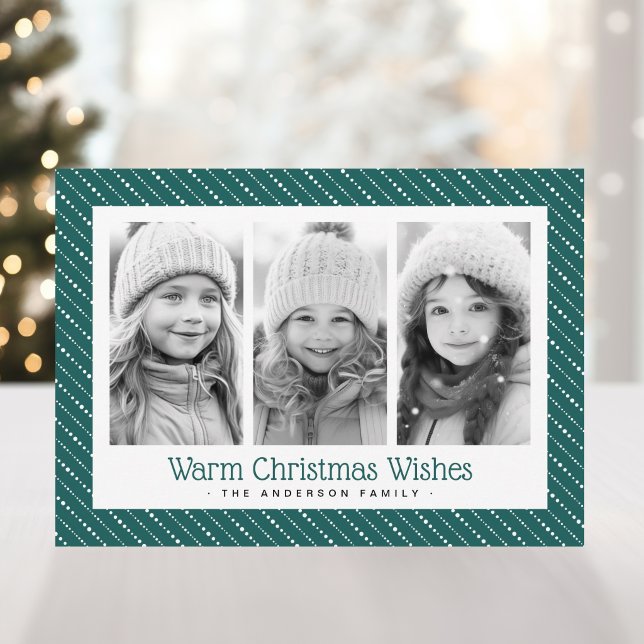 Cute dotted stripes merry Christmas 3 photos green Holiday Card