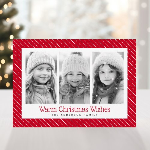 Cute dotted stripes merry Christmas 3 photos red Holiday Card