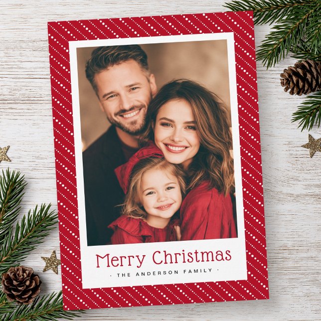 Cute dotted stripes merry Christmas photo red Holiday Card (Cute dotted stripes merry Christmas photo red Holiday Card)