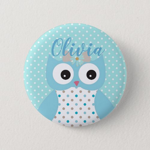 Cute Dotty Blue Owl Art Personalised Girls Button