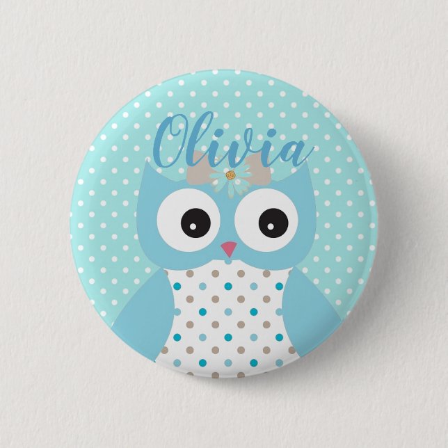 Cute Dotty Blue Owl Art Personalised Girls Button (Front)
