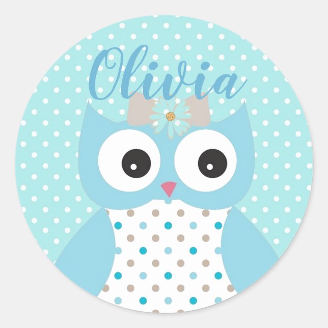 Cute Dotty Blue Owl Art Personalised Girls Classic Round Sticker (Front)