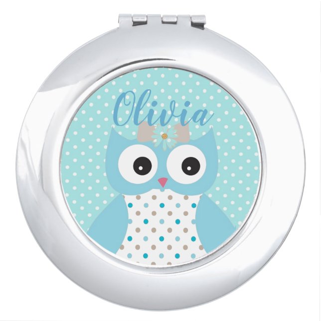 Cute Dotty Blue Owl Art Personalised Girls Compact Mirror (Front)